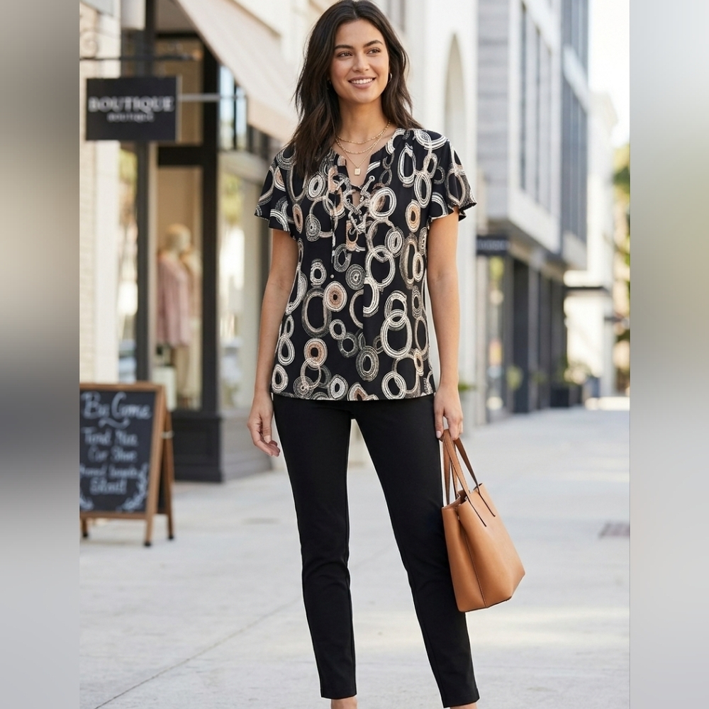 Ava & Grace Geometric Circle Print Lace-Up Flutter Sleeve Blouse - Size L